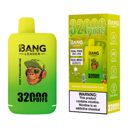 Bang Leader 32000 Puffs Disposable Vape (0% to 5% Nicotine) - Dual Pods, 26ml+26ml E-Liquid 650mah Type-C Rechargeable 18  Flavors
