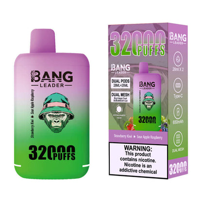 Bang Leader 32000 Puffs Disposable Vape (0% to 5% Nicotine) - Dual Pods, 26ml+26ml E-Liquid 650mah Type-C Rechargeable 18  Flavors