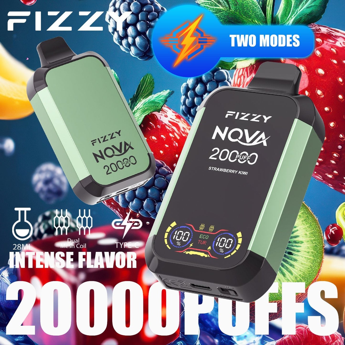 Fizzy Nova 20000 Puffs Disposable Vape | Dual Mesh Coil, 28ML E-liquid, LCD Screen, Eco/Turbo Mode