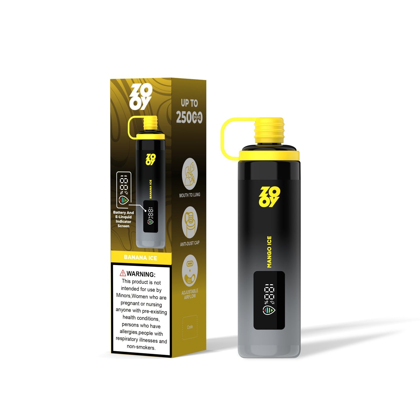 ZOOY SHISHA 25K Puffs Airflow Ajustable Disposable Vape(0% to 5% Nicotine) with Animated Screen  650mAh battery 10 Flavors