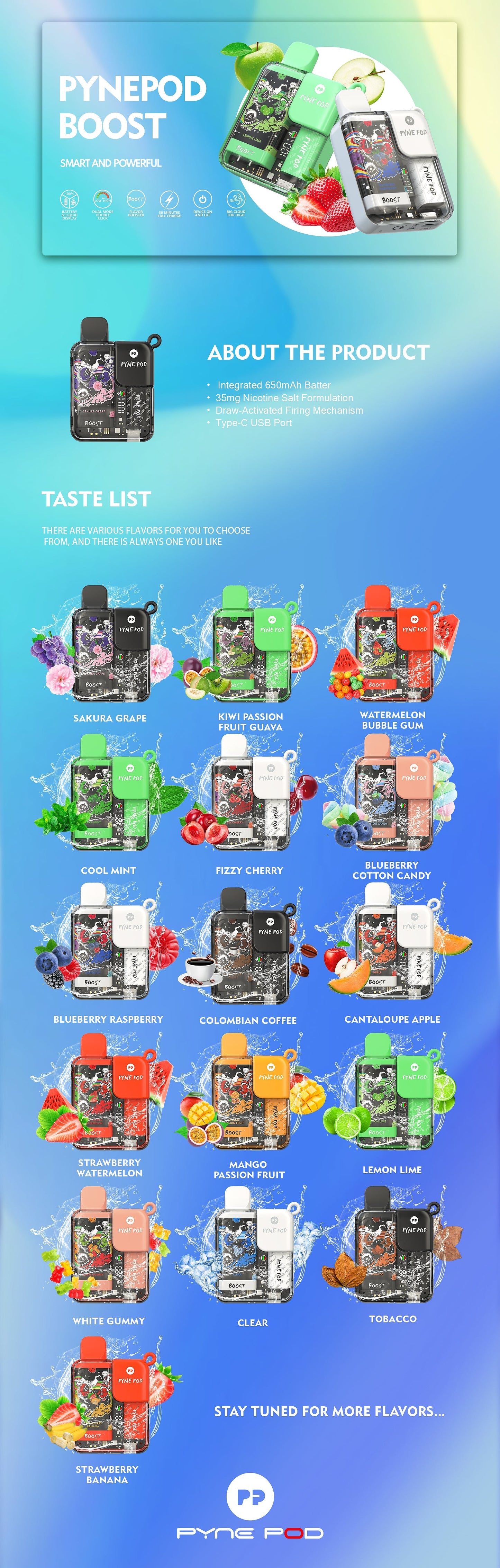 Pynepod 8500 Puffs Disposable Vape 16 Flavors  20mg Nico 2ML Battery Display 550mAh battery