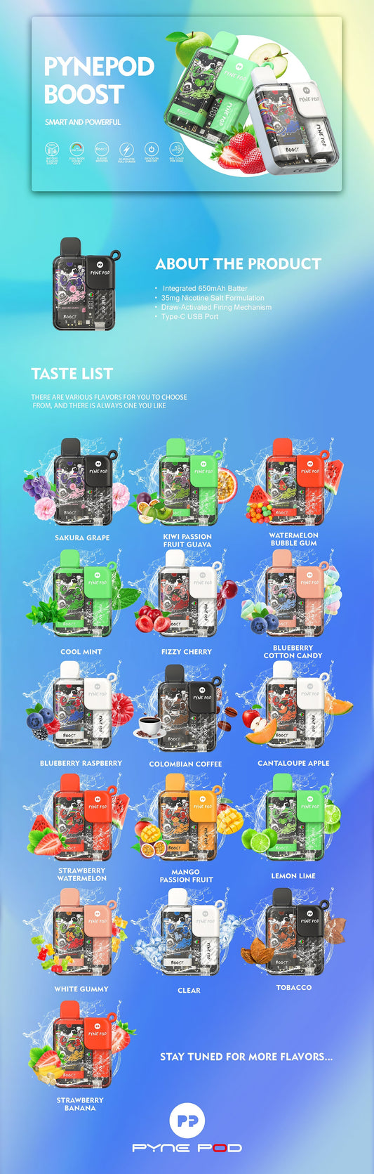 Pynepod 8500 Puffs Disposable Vape 16 Flavors  20mg Nico 2ML Battery Display 550mAh battery