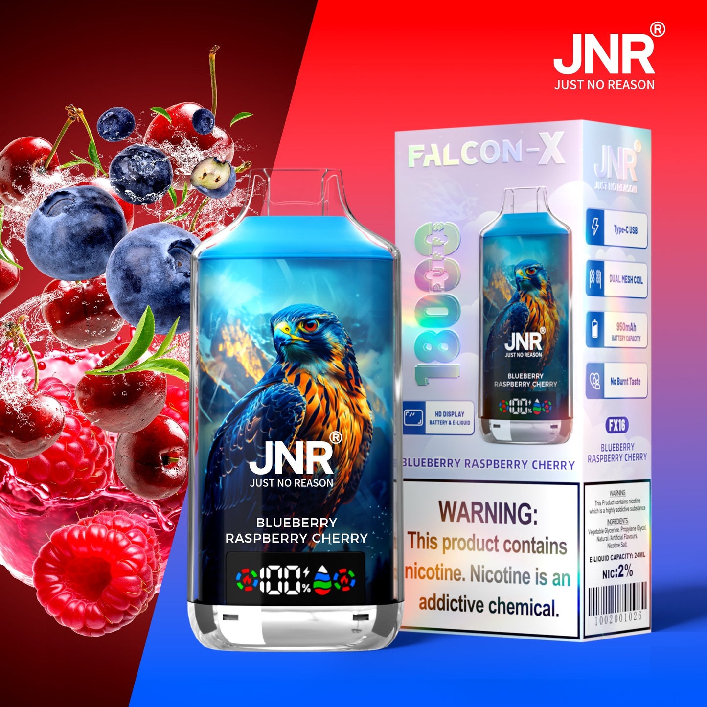 JNR FALCON X 18000 18k Puffs LED Display Hot Sale Disposable Vap-950mAh Battery, 24ml E-liquid, Multiple Nicotine 29 Flavors