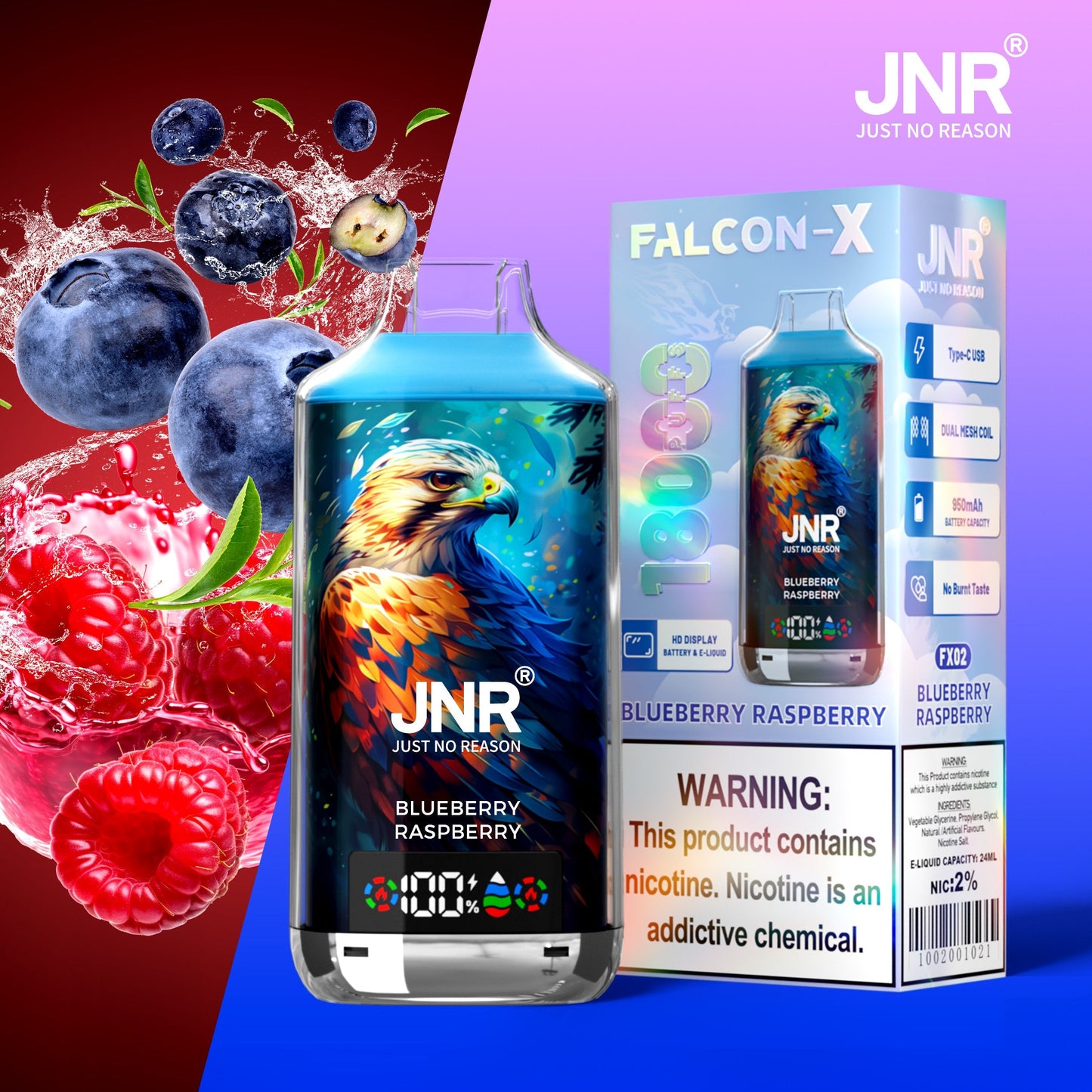 JNR FALCON X 18000 18k Puffs LED Display Hot Sale Disposable Vap-950mAh Battery, 24ml E-liquid, Multiple Nicotine 29 Flavors