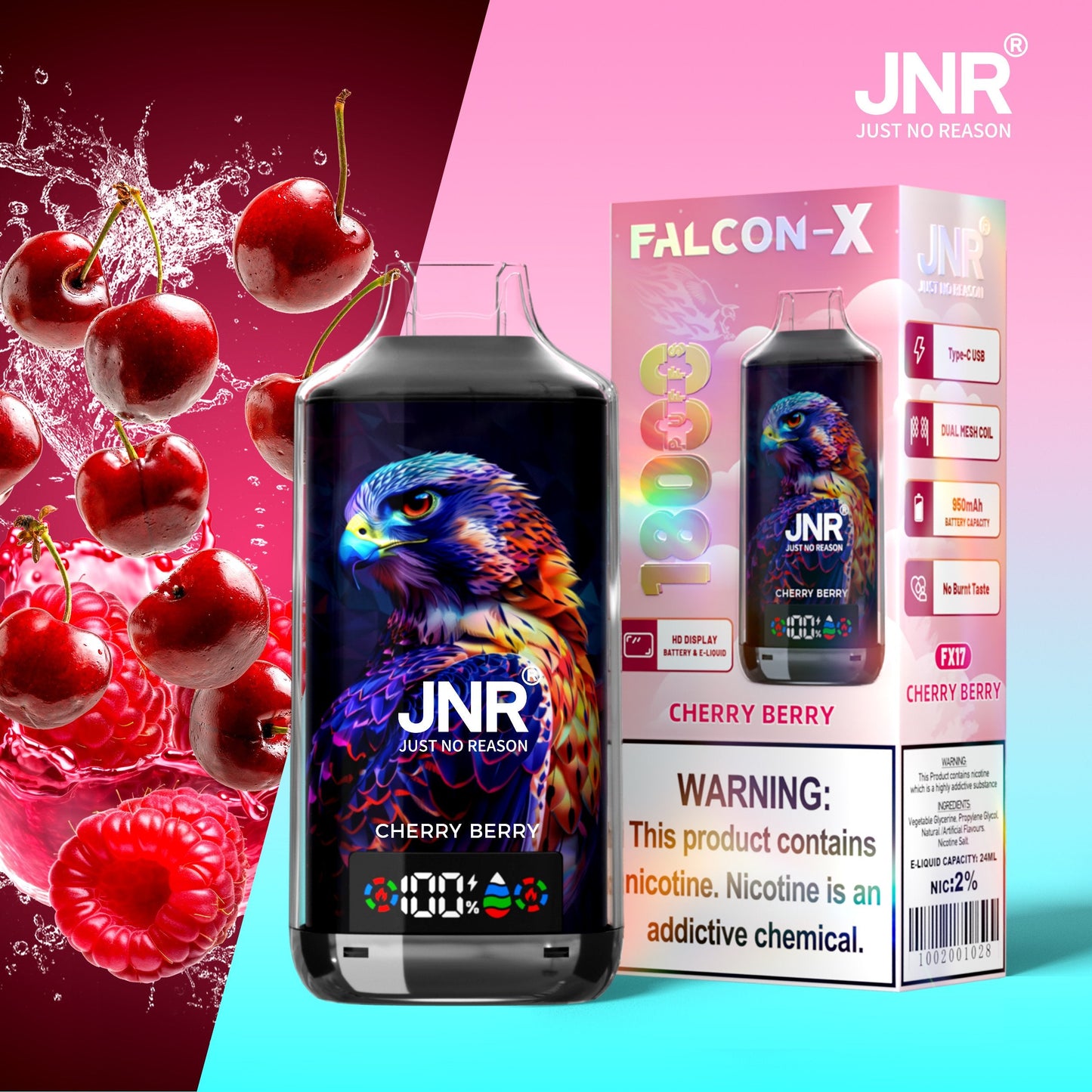 JNR FALCON X 18000 18k Puffs LED Display Hot Sale Disposable Vap-950mAh Battery, 24ml E-liquid, Multiple Nicotine 29 Flavors