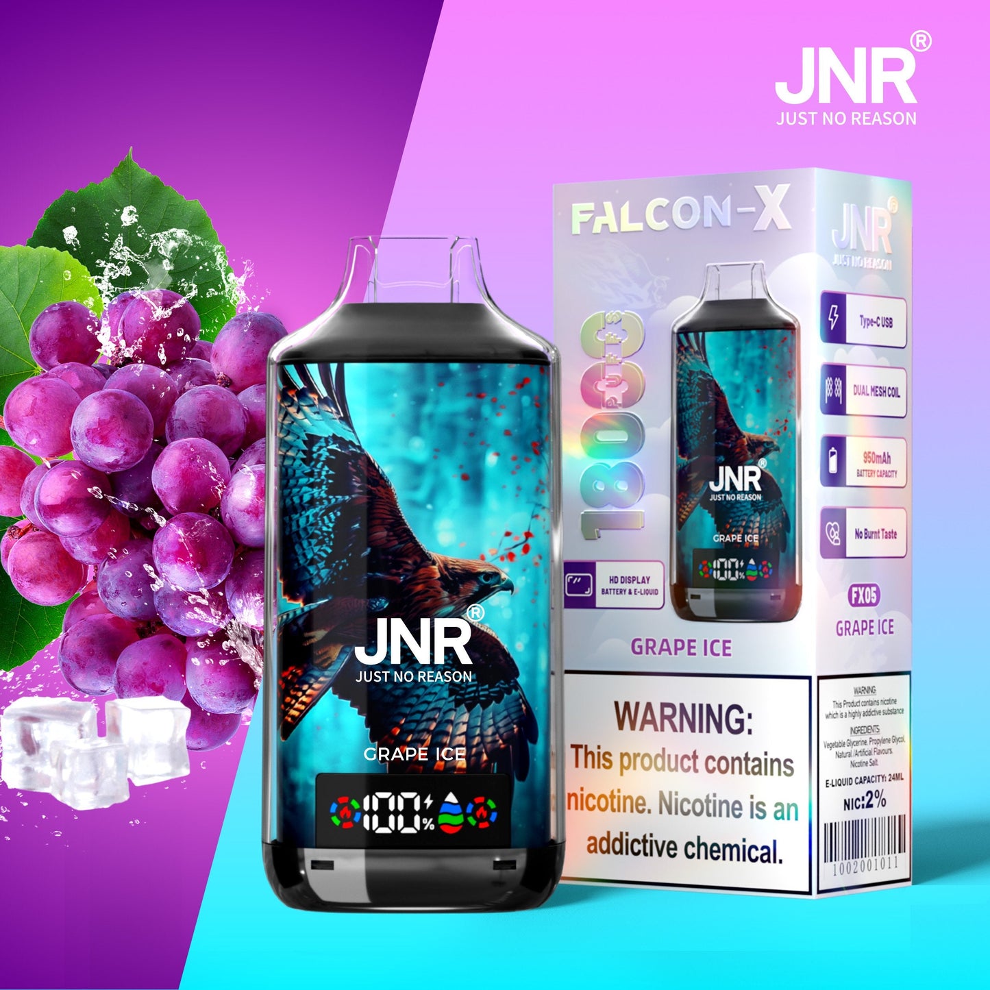 JNR FALCON X 18000 18k Puffs LED Display Hot Sale Disposable Vap-950mAh Battery, 24ml E-liquid, Multiple Nicotine 29 Flavors