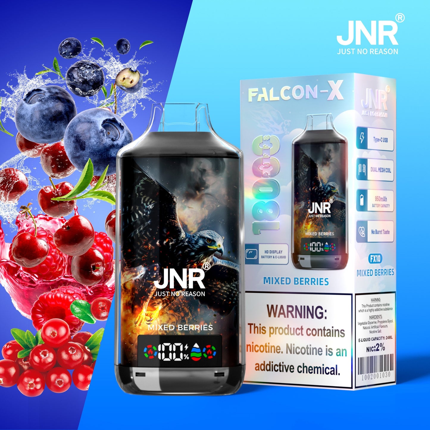 JNR FALCON X 18000 18k Puffs LED Display Hot Sale Disposable Vap-950mAh Battery, 24ml E-liquid, Multiple Nicotine 29 Flavors