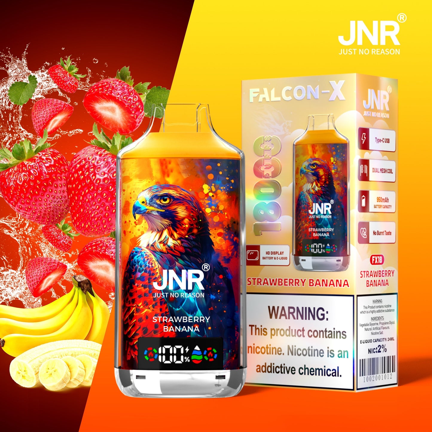 JNR FALCON X 18000 18k Puffs LED Display Hot Sale Disposable Vap-950mAh Battery, 24ml E-liquid, Multiple Nicotine 29 Flavors