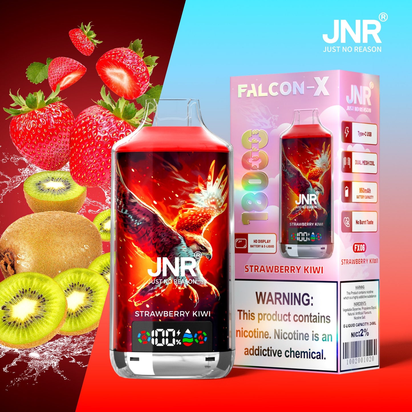 JNR FALCON X 18000 18k Puffs LED Display Hot Sale Disposable Vap-950mAh Battery, 24ml E-liquid, Multiple Nicotine 29 Flavors