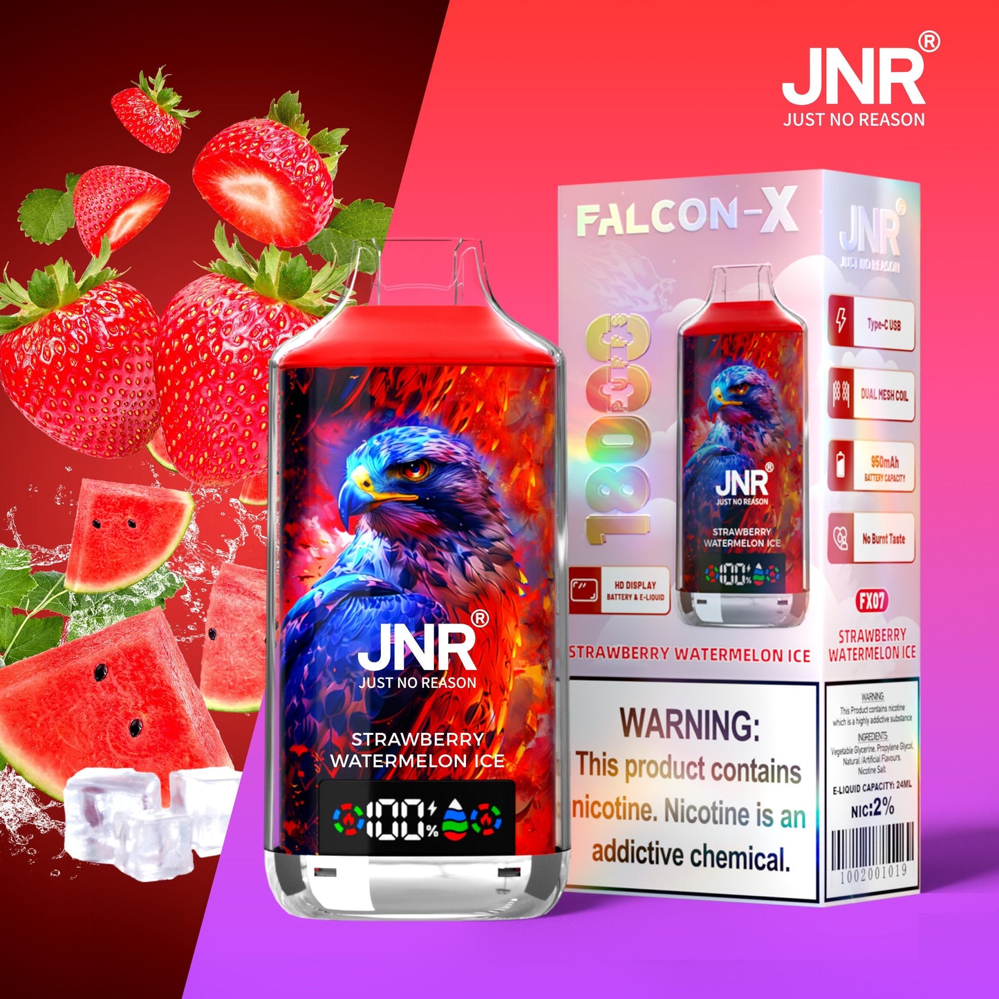 JNR FALCON X 18000 18k Puffs LED Display Hot Sale Disposable Vap-950mAh Battery, 24ml E-liquid, Multiple Nicotine 29 Flavors