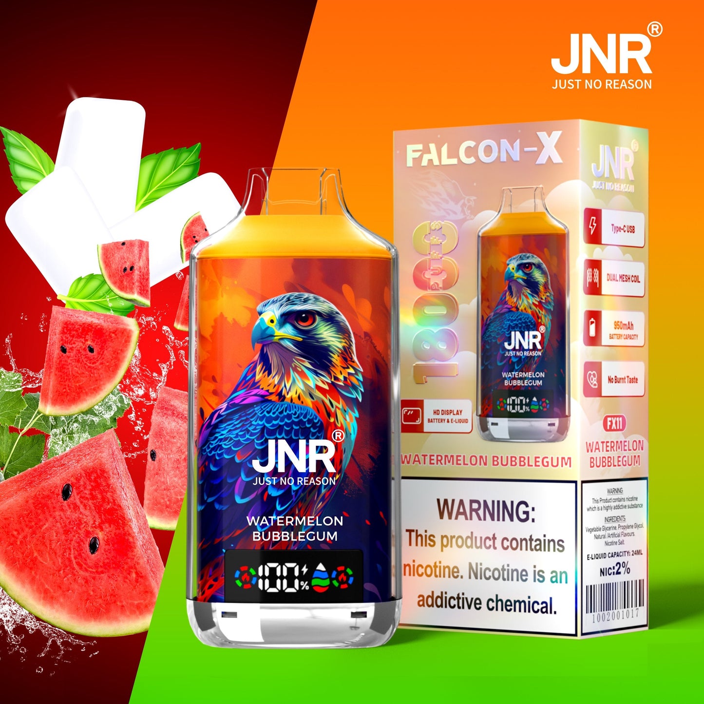 JNR FALCON X 18000 18k Puffs LED Display Hot Sale Disposable Vap-950mAh Battery, 24ml E-liquid, Multiple Nicotine 29 Flavors