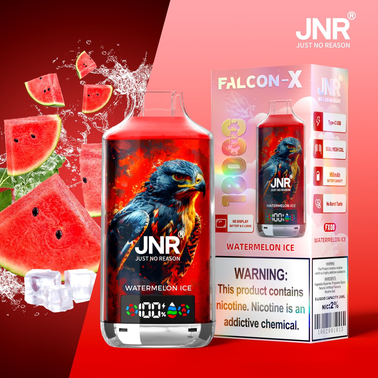 JNR FALCON X 18000 18k Puffs LED Display Hot Sale Disposable Vap-950mAh Battery, 24ml E-liquid, Multiple Nicotine 29 Flavors