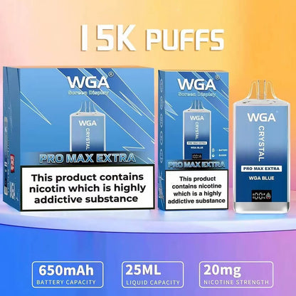WGA Crystal PRO MAX EXTRA 15000 puffs Disposable Vape In Sales-850mAh Battery, 25ml E-liquid, Multiple Nicotine 19 Flavors