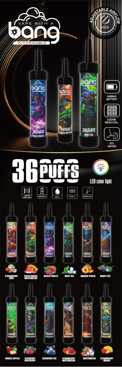 Bang 36000 Puffs Disposable Vape -650mAh Battery, 40ml E-liquid, Multiple Nicotine 12 Flavors