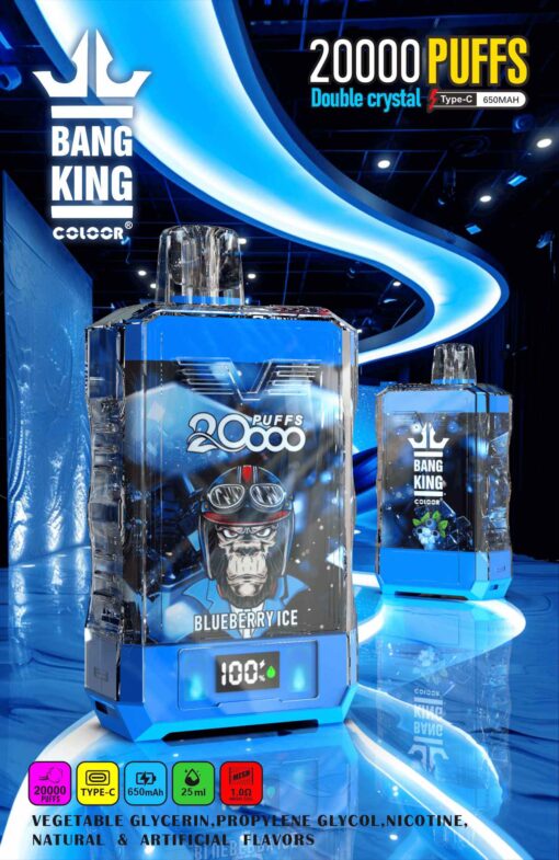 Bang King Box Double Crystal 20000 Puff 20k Display Screen Disposable Electronic Cigarette Vape-850mAh Battery, 40ml E-liquid, Multiple Nicotine 12 Flavors