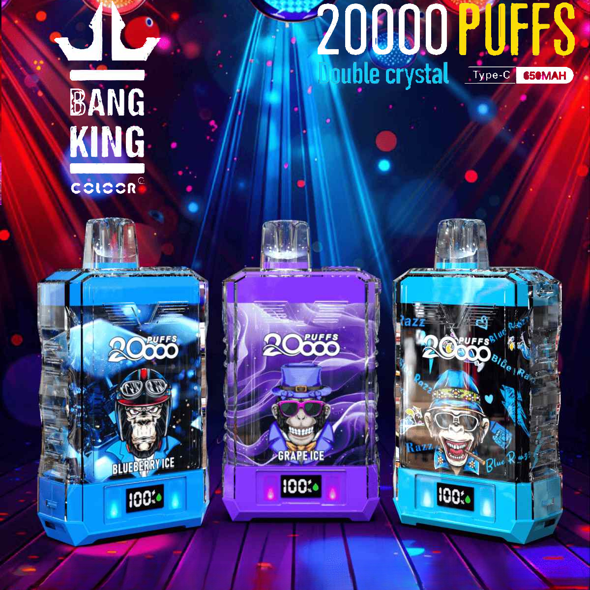 Bang King Box Double Crystal 20000 Puff 20k Display Screen Disposable Electronic Cigarette Vape-850mAh Battery, 40ml E-liquid, Multiple Nicotine 12 Flavors