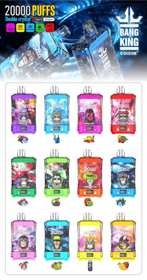 Bang King Box Double Crystal 20000 Puff 20k Display Screen Disposable Electronic Cigarette Vape-850mAh Battery, 40ml E-liquid, Multiple Nicotine 12 Flavors