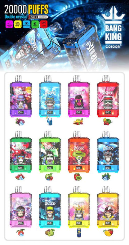 Bang King Box Double Crystal 20000 Puff 20k Display Screen Disposable Electronic Cigarette Vape-850mAh Battery, 40ml E-liquid, Multiple Nicotine 12 Flavors