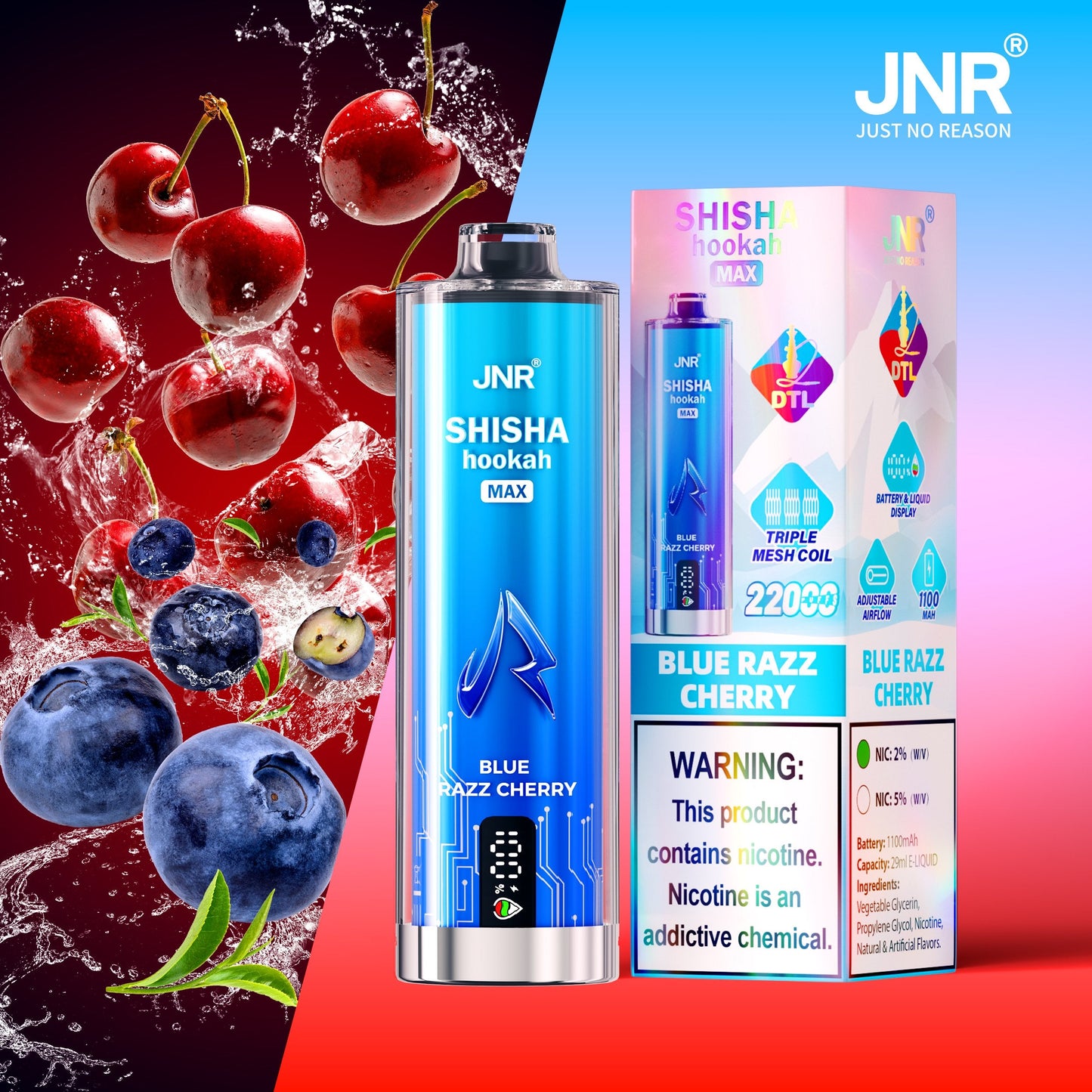 JNR Shisha Max 22000 22K Puffs Original DTL Disposable Vape Pen-850mAh Battery, 40ml E-liquid, Multiple Nicotine 12 Flavors