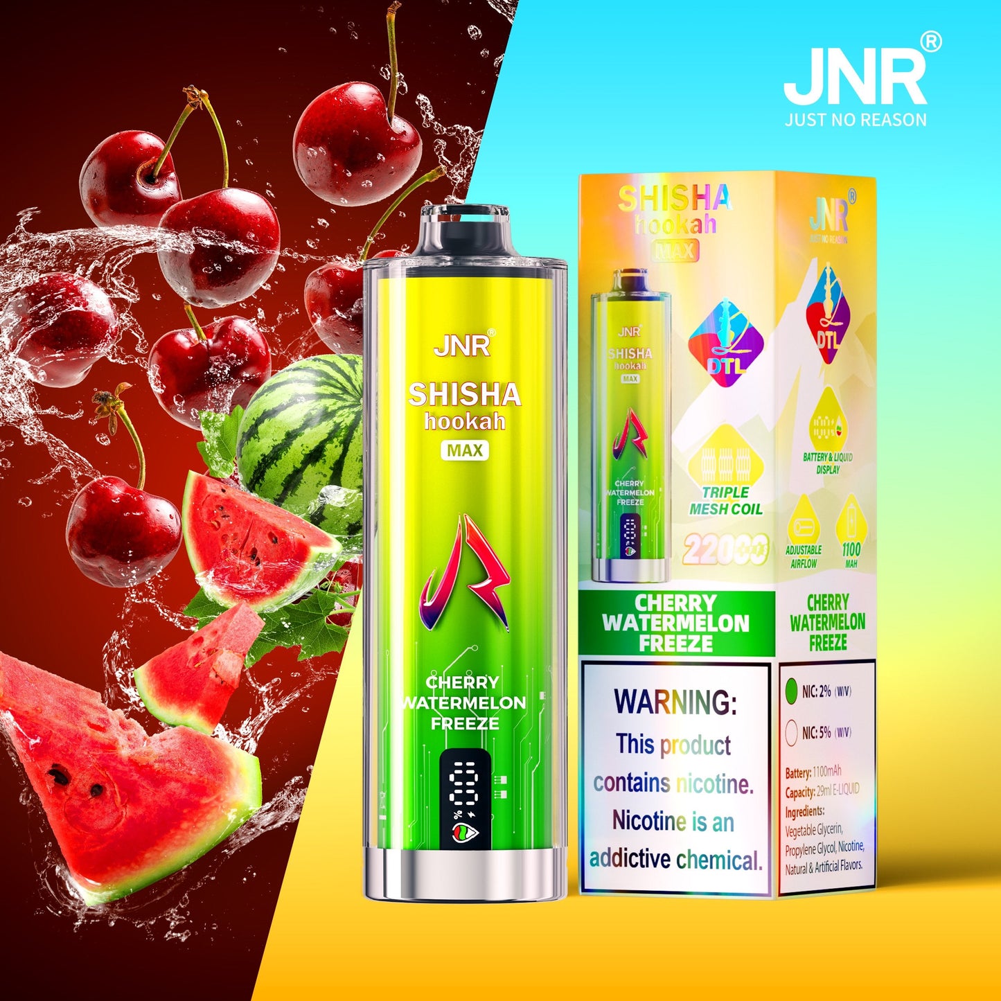 JNR Shisha Max 22000 22K Puffs Original DTL Disposable Vape Pen-850mAh Battery, 40ml E-liquid, Multiple Nicotine 12 Flavors