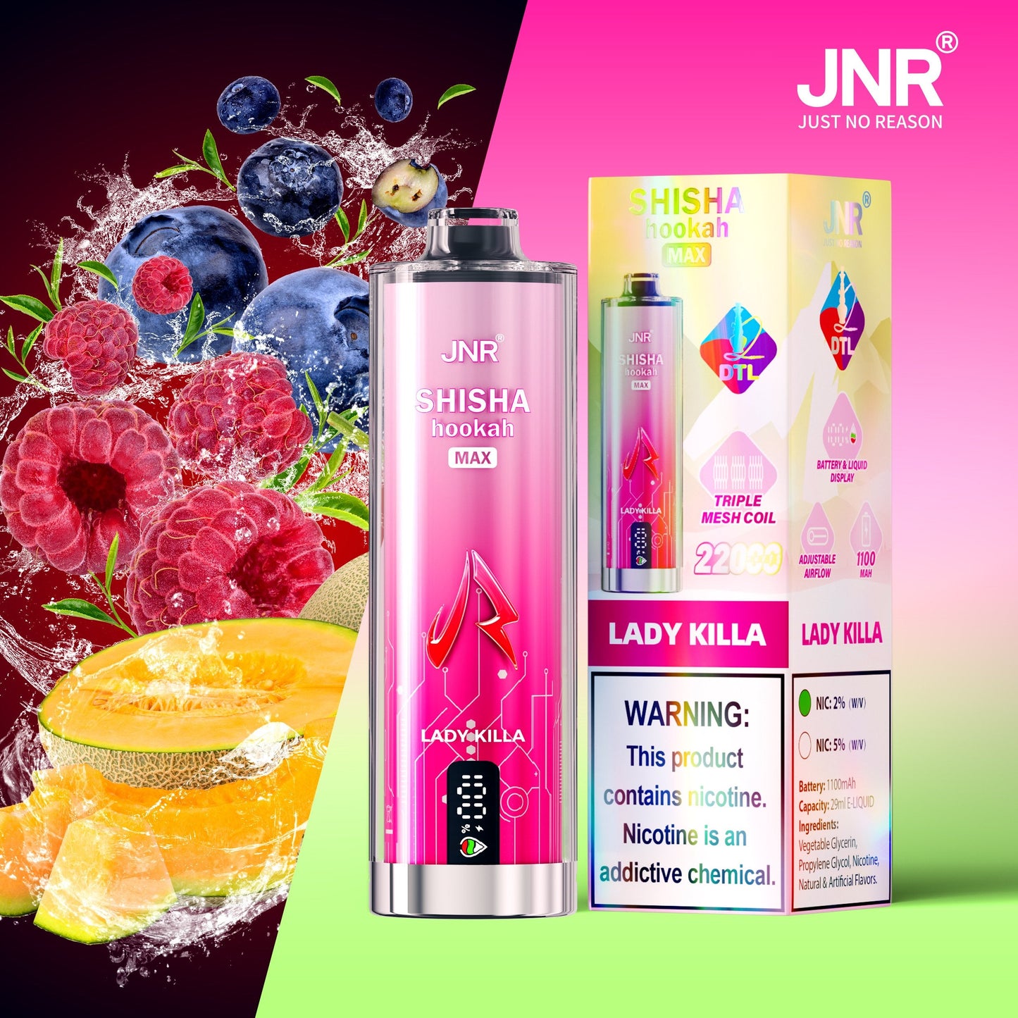 JNR Shisha Max 22000 22K Puffs Original DTL Disposable Vape Pen-850mAh Battery, 40ml E-liquid, Multiple Nicotine 12 Flavors