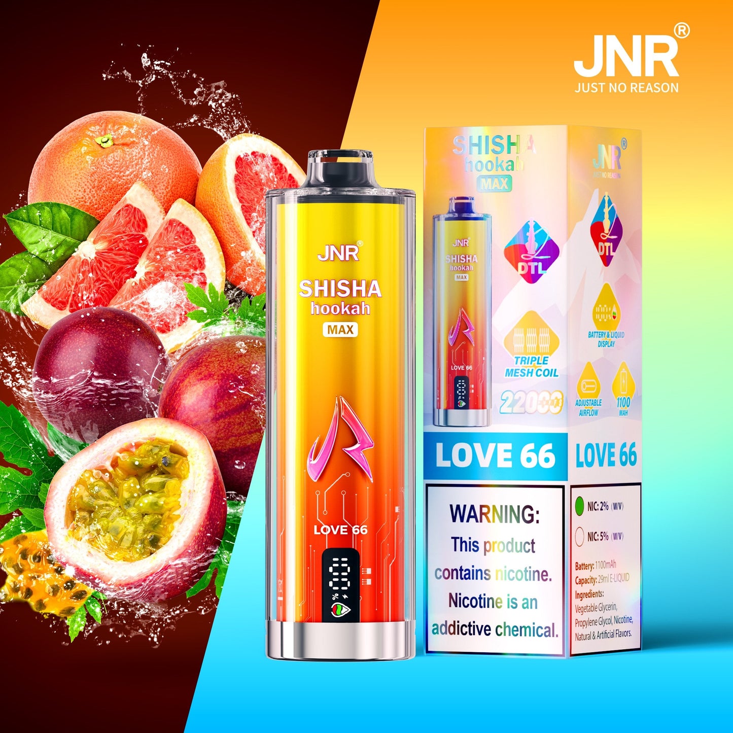JNR Shisha Max 22000 22K Puffs Original DTL Disposable Vape Pen-850mAh Battery, 40ml E-liquid, Multiple Nicotine 12 Flavors