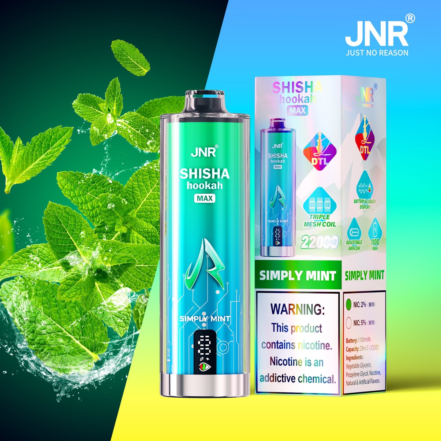 JNR Shisha Max 22000 22K Puffs Original DTL Disposable Vape Pen-850mAh Battery, 40ml E-liquid, Multiple Nicotine 12 Flavors