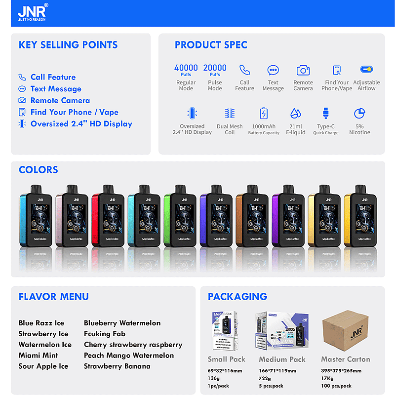 JNR Media Max 40000 40K Puffs Smoke Latest Original Intelligent Disposable Vape-1000mAh Battery,21ml E-liquid, Multiple Nicotine 10 Flavors