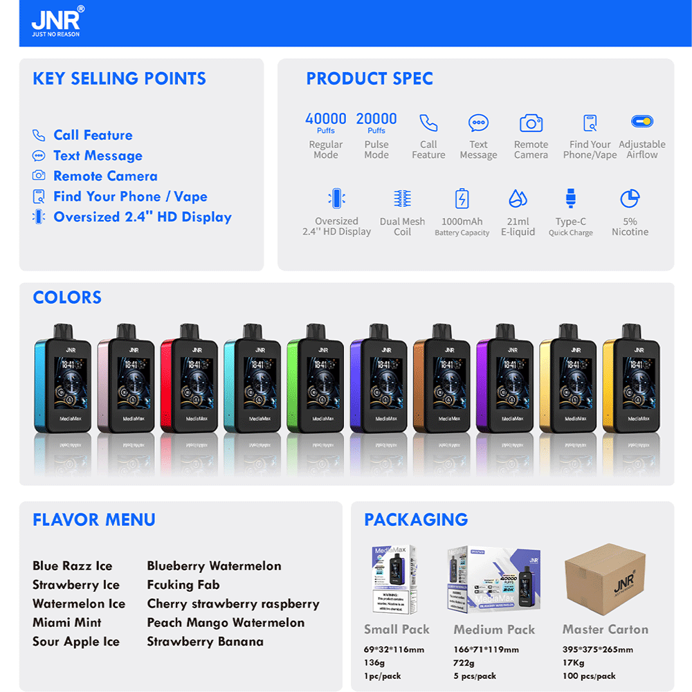 JNR Media Max 40000 40K Puffs Smoke Latest Original Intelligent Disposable Vape-1000mAh Battery,21ml E-liquid, Multiple Nicotine 10 Flavors