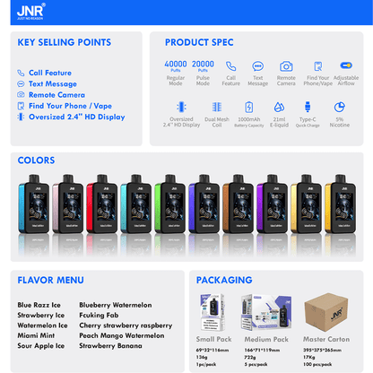 JNR Media Max 40000 40K Puffs Smoke Latest Original Intelligent Disposable Vape-1000mAh Battery,21ml E-liquid, Multiple Nicotine 10 Flavors