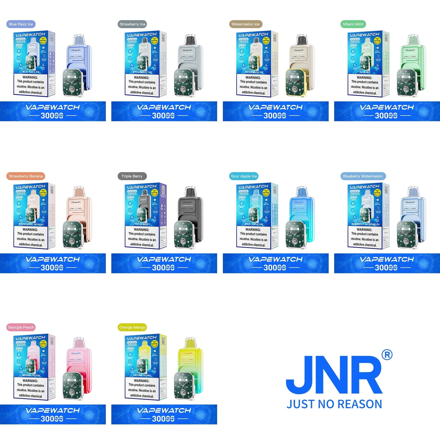 JNR Vape Watch 30000 30K Puffs Smoke Hot Selling Original Smart Disposable Vape-1000mAh Battery, 19ml E-liquid, Multiple Nicotine 10 Flavors